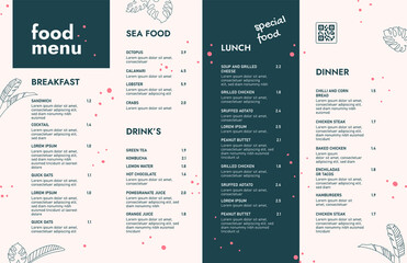 Restaurant cafe menu, template design. Single page food menu template. - obrazy, fototapety, plakaty