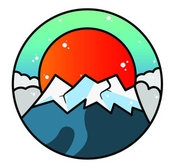 Mountain sunset icon. Cartoon style mountain logo or sticker. Vector illustration
