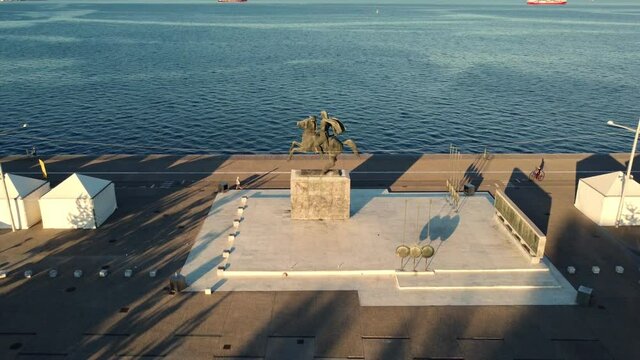 Aerial shot of Alexander The Great Statue, Thessaloniki, Greece
