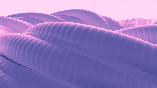 Blue purple abstract background made of corrugated organic pipes. 3d illustration