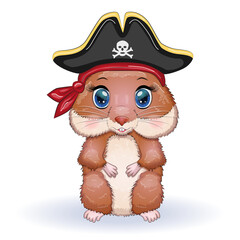 Cute hamster pirate, in a cocked hat, summer and sea concept, cartoon characters of hamsters, funny animal
