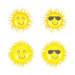 Sun sticker with a round shape and yellow color. Cute sun with smiling face and cool sunglasses. Sunray coming out from sun vector design for social media. Sun vector social media sticker collection.