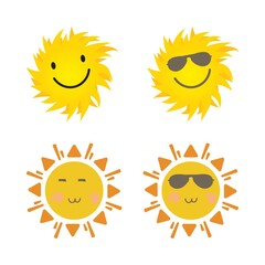 Cute sun with smiling face and cool sunglasses. Sun sticker with a round shape and yellow color. Sunray coming out from sun vector design. Sun vector social media sticker collection.