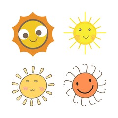 Sunray coming out from sun vector design. Sun sticker with a round shape and yellow color. Cute sun with smiling face and cool sunglasses. Sun vector social media sticker collection.