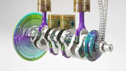 Isolated illustration of a car engine with exposed connecting rods and pistons, 3d rendering, 3d illustration