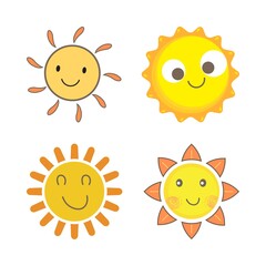 Sun sticker with a round shape and yellow, orange color. Cute sun with smiling face. Orange color sunray coming out from sun vector design. Sun vector social media sticker collection.