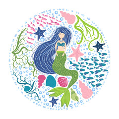 Obraz premium Cartoon beautiful mermaid with developing hair in a circle of seashells, algae, bubbles. Siren. Marine theme