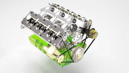 Isolated illustration of a car engine with exposed connecting rods and pistons, 3d rendering, 3d illustration