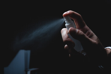 hand clean with alcohol, businessman people are working with alcohol gel prevention care, business health protection from virus disease in office, coronavirus COVID-19 hygiene infection concept