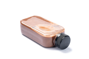 bottle of cold beverage drink with tea milk, fresh breakfast sweet refreshment with ice, hot drink coffee and delicious tasty in glasses, green latte and brown chocolate with white cream isolated