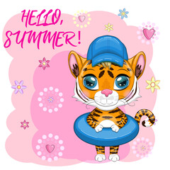Cartoon tiger with swimming circle in summer hat, Summer is coming. Vacation, sea, rest. Children's stylistics, cute. Symbol of 2022