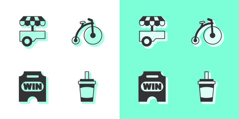 Set Paper glass with water, Fast street food cart, Circus ticket and Vintage bicycle icon. Vector