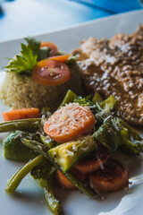 Grilled vegetables with cheese and coriander rice.