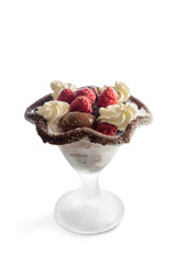 Chocolate ice cream with whipped cream and raspberries in goblet glass isolated on white background, copy space