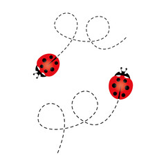 Cartoon ladybird icon. Ladybug flying on dotted route. Vector isolated on white background.