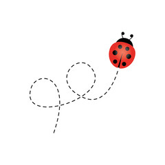 Cartoon ladybird icon. Ladybug flying on dotted route. Vector isolated on white background.
