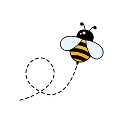 Bee fly character. Bee flying on a dotted route. Cartoon vector illustration. Isolated on white background. 