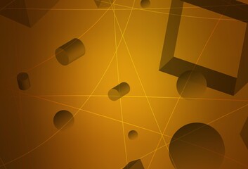 Dark Orange vector template with 3D cubes, cylinders, spheres, rectangles.