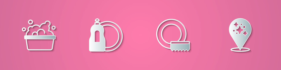 Set paper cut Basin with soap suds, Dishwashing liquid bottle, Washing dishes and Home cleaning service icon. Paper art style. Vector