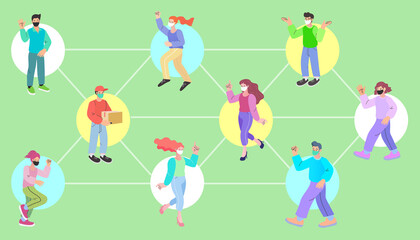 Group of People in social Distancing, Space for safety and people. Background in city. People standing away to prevent COVID-19 coronavirus disease. Flat vector illustration. 