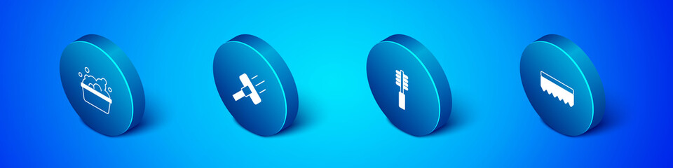 Set Isometric Basin with soap suds, Toilet brush, Sponge and Vacuum cleaner icon. Vector