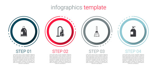 Set Bottle for cleaning agent, Vacuum cleaner, Handle broom and Dishwashing liquid bottle. Business infographic template. Vector