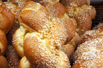 Fresh baked sweet plaited loafs.
