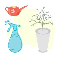 Flat minimalistic interior item: watering can, potted plant, sprayer.