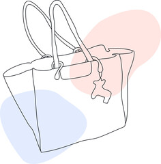 Women's handbag with pendant. Vector line art with abstract color spots.