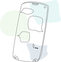 A smartphone with on the screen. Line art with abstract color spots.