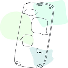 A smartphone with on the screen. Vector line art with abstract color spots.