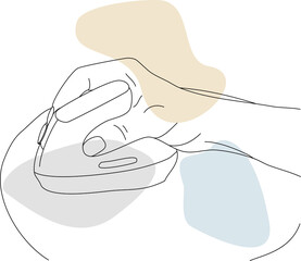 A hand holding the smartphone. Line hand-drawn art with abstract color spots.