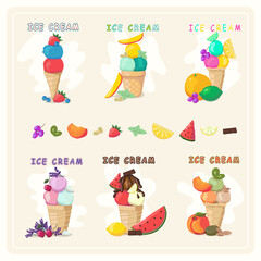 Set fruit ice cream in waffle cone