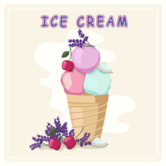 Ice cream in waffle cone. Vector flat cartoon illustration.