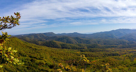 Panoramic views from mountain routes on an autumn sunny day, walking and communicating with nature.