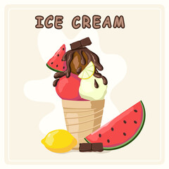 Ice cream in waffle cone. Vector flat cartoon illustration.