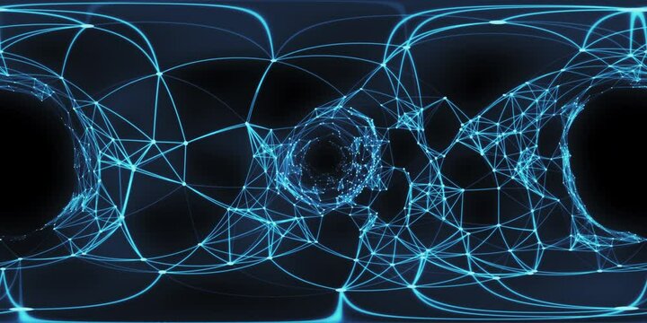 VR360 Flying through digital binary blue plexus tunnel made of digital nodes and connection paths in virtual reality. Alpha channel isolated on black 4k. Seamless Loop.