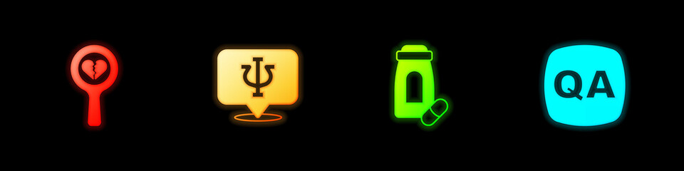 Set Broken heart or divorce, Psychology, Psi, Sedative pills and Question and Answer icon. Vector