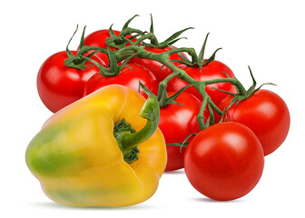 Tomatoes and yellow pepper isolated on white background with clipping path