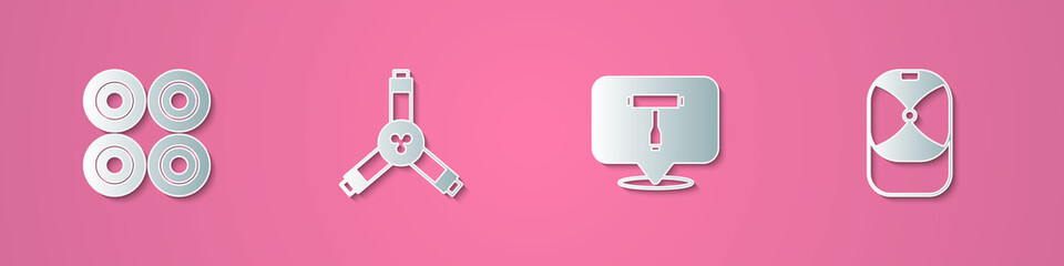 Set paper cut Skateboard wheel, Y-tool, T and Baseball cap icon. Paper art style. Vector