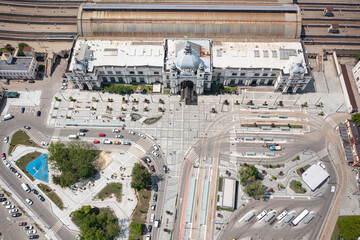 Fototapeta premium View on railway station in lviv from drone