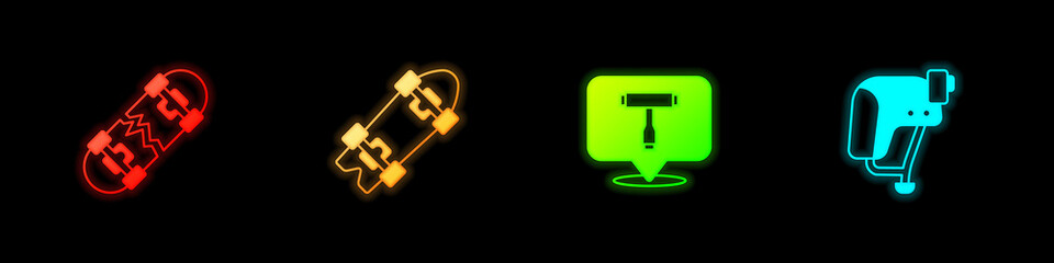 Set Broken skateboard, Longboard or, Skateboard T tool and helmet icon. Vector