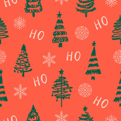 Vector Christmas pattern in the doodle style.Seamless background with Christmas trees,snowflakes.It is used in the production of fabrics, wrapping paper, wrappers, wallpaper