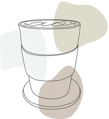 Coffee cup filled with beverage. Line art with abstract color spots.