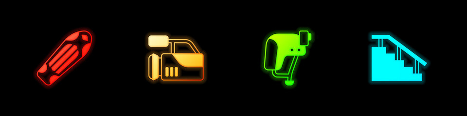 Set Skateboard deck, Cinema camera, helmet and stairs with rail icon. Vector