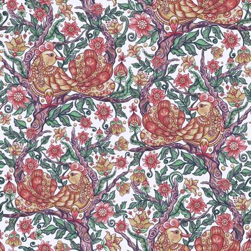 Floral seamless pattern background with bird in ethnic style, indian ornamental surface design