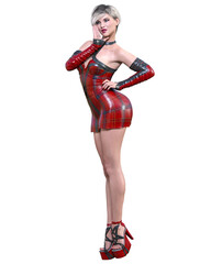 Beautiful woman in short leather dress.