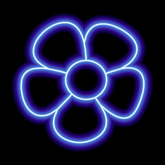 Neon blue flower with petals on a black background. Simple illustration