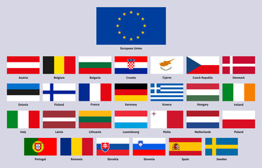 European union flags. Europe union advanced countries, Spain, Germany, Greece and Finland vector illustration set. Official European country flag emblem
