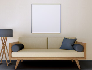 3D Illustration. Mockup of a blank poster frame hanging on the wall.